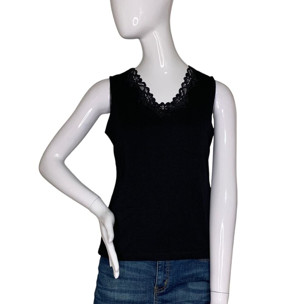 Laura Ashley Top Short Sleeve Lace on Neck Black Size Petite Small
